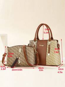 Set de 3 bolsos de mujer bordados - Estampado geométrico elegante, material de piel sintética y embrague - Marrón - Ver 6