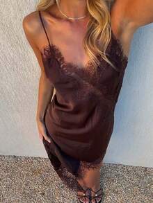 Seelio Summer New Arrival Women's Fashion Sexy Asymmetric Lace Dress, European And American Style - Coffee Brown - View 7
