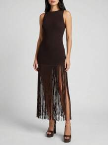 Sedessea 女士时尚度假风休闲流苏修身连衣裙，秋季优雅 - 咖啡 - 查看 1