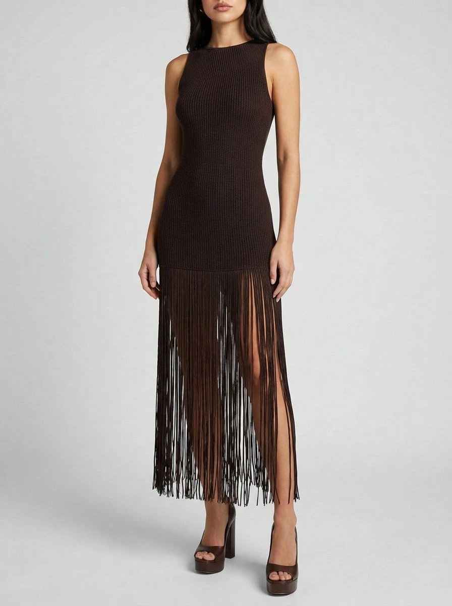 Sedessea 女士时尚度假风休闲流苏修身连衣裙，秋季优雅 - 咖啡 - 查看 1