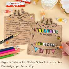 6/12/24/48pcs Baby Birthday Party German Invitation Card Set, Hand-Drawn Coloring DIY Cake Pattern, Rustic Blank Message Cards, Suitable For Baby Shower, Celebration Decorations - Multicolor - View 2