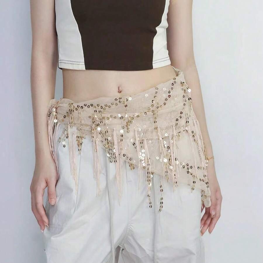 1pcs Sequin Tassel Waist Scarf Headscarf Triangle Scarf Shawl Modern Dance Costume Hip Hop Fashion Punk Sequin Tassel Triangle Scarf Belt, Suitable For Dance, Street Outing, Party, Easily Enhance Outfit Sophistication! - 杏色 - 查看 1