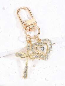 1pc Women's Minimalist Rhinestone Cross & Heart Pendant Keychain, Elegant Feng Shui Diamond Heart Delicate Gift, Earphone Case Keyring Accessory - Gold - View 6