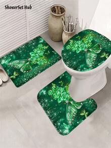 1/3/4pcs Emerald Rose & Diamond Butterfly Shower Curtain Bathroom Sets, Opulent Glitter Floral Pattern Waterproof And Wear-Resistant Accessories,With 12 Hooks - Includes Toilet Seat Cover, Bath Mats, And Rugs - Plastic Fabric - Washable,Mildew-Resistant - Perfect For Holiday Decor,Home/Bedroom/House/Western/Spring Decor, - Multicolor - View 6