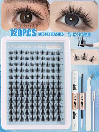 Cadeau de Noël Nouveau 120/pièces/12 rangées de bouquets de cils de style manga, style anime, effet de maquillage naturel, bouquets de cils de style féérique, convient aux débutants, cils individuels, bouquets de cils incurvés en D, ensemble haute capacité, tutoriel de faux cils pour débutants, ensemble d'extension de cils segmentés épais et moelleux, comprend adhésif et scellant, pinces à épiler