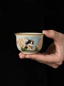 汝窑可爱猫咪圆鼎杯，陶瓷功夫茶具茶杯，手绘猫主人杯，家用茶碗单杯，汝窑瓷器茶碗茶道配件 - 彩色 - 查看 1