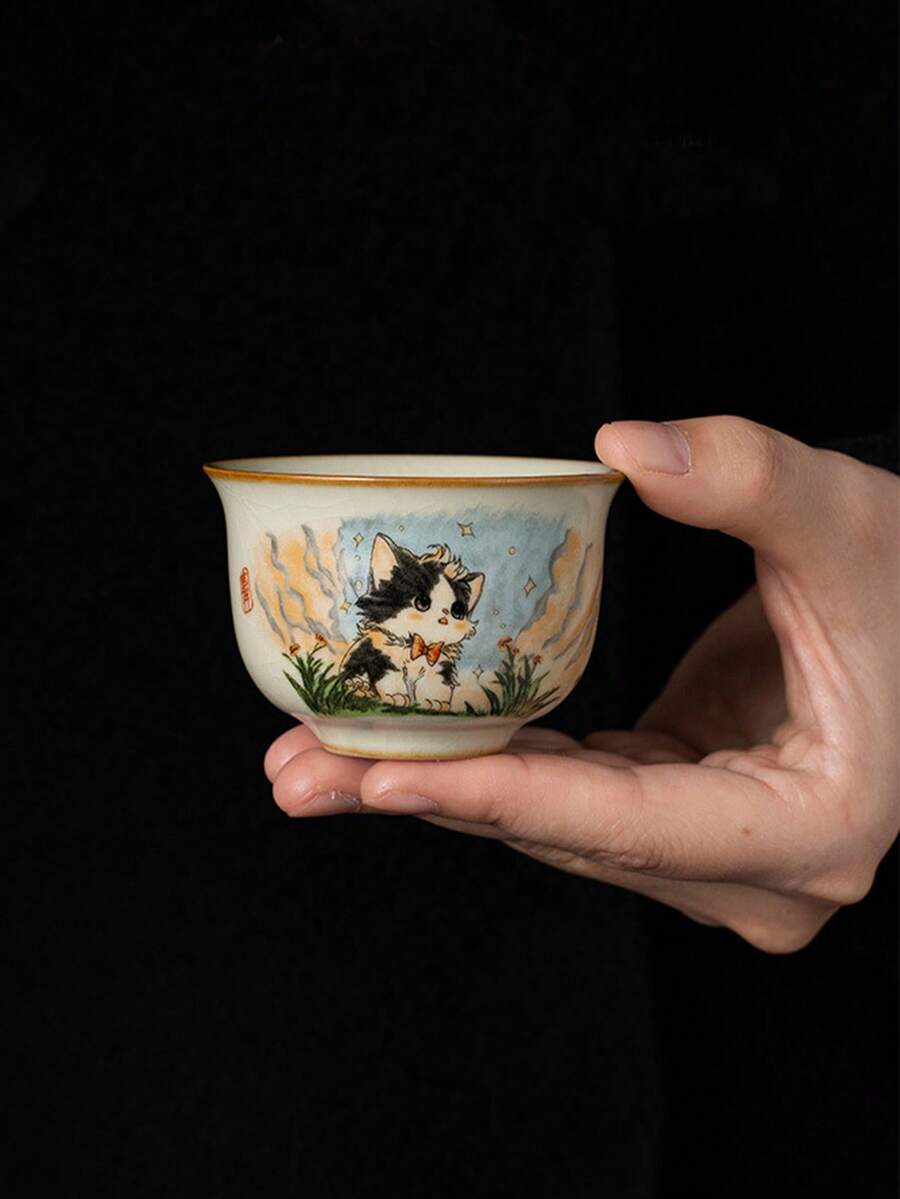 汝窑可爱猫咪圆鼎杯,陶瓷功夫茶具茶杯,手绘猫主人杯,家用茶碗单杯,汝窑瓷器茶碗茶道配件 - 彩色 - 查看 1