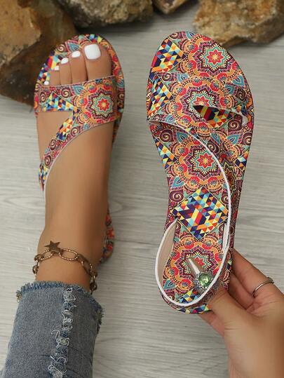 Sandalias planas para mujer, con estampado tropical, para la playa, elegantes, casuales, retro, para ir al trabajo, al aire libre, de estilo chino, básicas, con diseño calado, de punta redonda, para la playa, festivales, vacaciones, fiestas, interior y exterior, verano, primavera, otoño