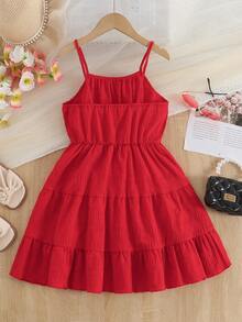 2-25岁女童夏季优雅纯色无袖吊带连衣裙，时尚别致 - 紅色 - 查看 5