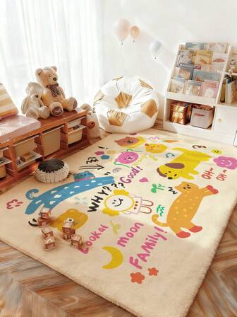 1 Piece Of Beige Living Room Carpet With Multi-Color Cartoon Animal Cat Dog Letter Patterns, Made Of Imitation Cashmere Material, Area Rug, Suitable For Lobby, Rugs For Bed Room, Rugs Living Room, Bedroom Rug, Bathroom Rug, Kitchen Mat, Dining Room, Office, Room Decoration And Door Mat, Holiday Celebration.