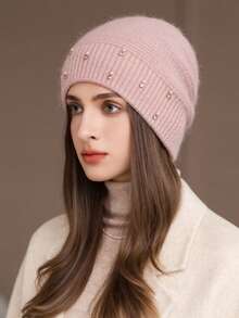 1 Stück Damen Warme Doppelschicht Gestrickte Mütze, Modischer Perlen Stirnband Ohrenschützer Beanie, Dicke Gestrickte Mütze für Mütter im Winter