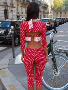 Women 3 Piece Outfits Club Party Halter Red Polka Dot Ruffle Bra Top+Long Sleeve Bolero+Capri Pants Set - Red - View 8
