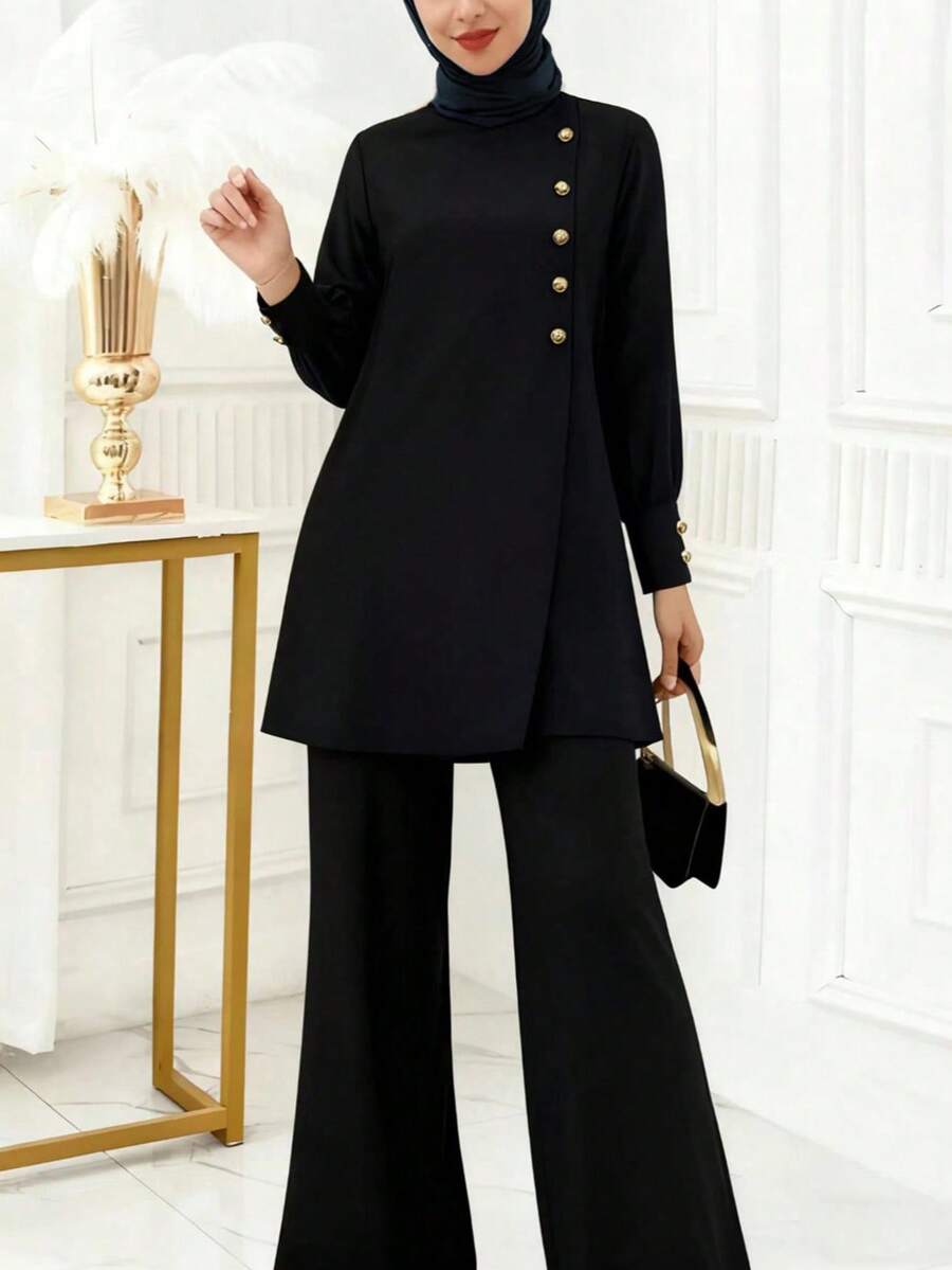 Women's Elegant Long Sleeve Button Decor Lantern Sleeve Round Neck Short Dress With Elastic Waist Flared Pants Set, Casual Solid Color Front Button Office Wear 2-Piece Outfit, Spring/Summer - Black - View 1
