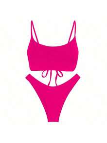 Women's Sexy Backless Tie Strap Solid Color Bikini Set Set, Elegant European And American Style For Summer Beach Vacation, Valentine's Day - Hot Pink - View 2