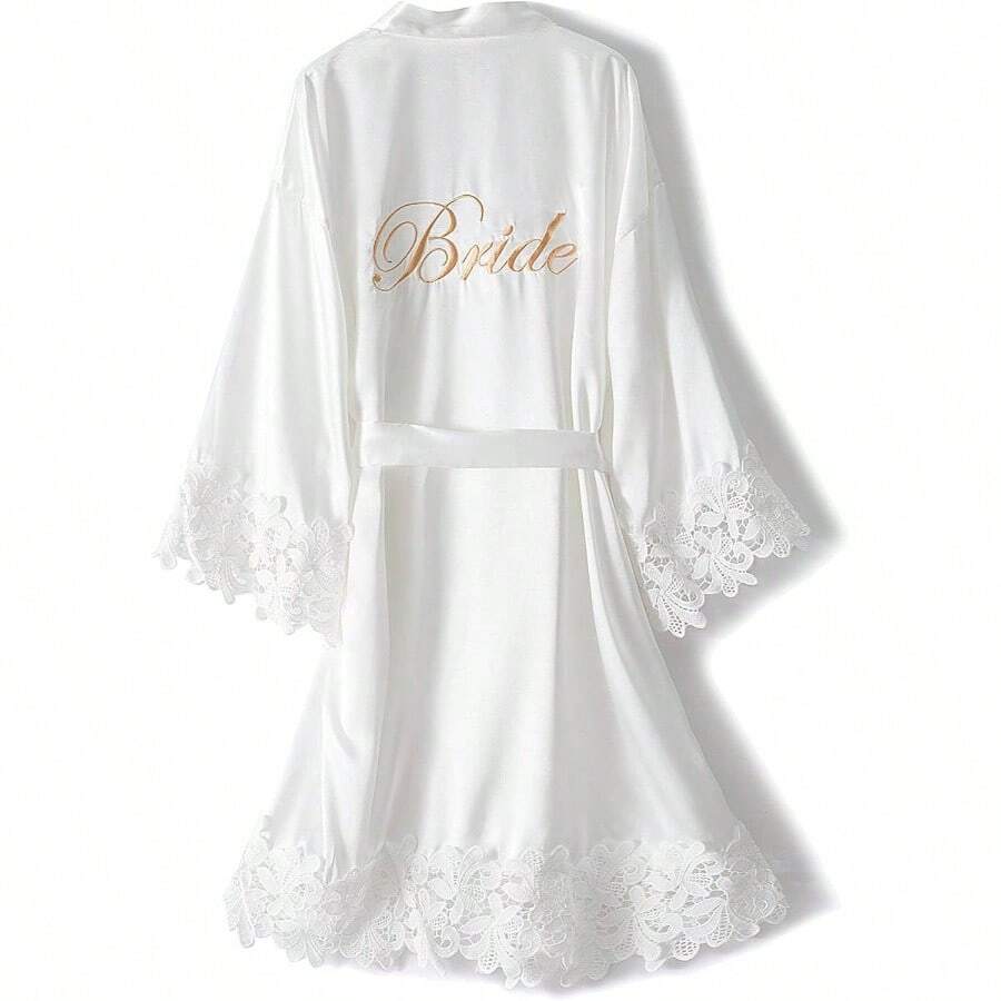 Women's Bride Bridesmaid Robe with Lace Trim Wedding Party Kimono Robes Soft Satin Bathrobe Getting Ready - .blanco + Mezcla de poliéster - Ver 1
