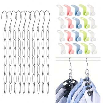 BKFUN 16/30pcs/Set 7-Slot Metal Connector Hanger Set With Plastic Hooks, Space-Saving Foldable Organizer For Efficient Closet & Wardrobe Storage