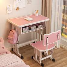优质简约儿童书桌椅套装，1 张桌子和 1 把椅子，可调节高度，符合人体工程学的设计，配有大书写板、架子和抽屉（粉色、蓝色）