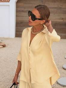 Women's Summer French Beige Non-Stretch Collared Shirt And Wide Leg Pants Set, Bohemian Style Elegant 2 Pieces Outfit, Women's Casual Holiday Wear - Yellow - View 7