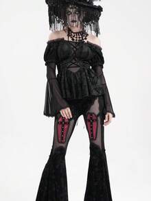 EVA LADY Blouse gothique à épaules dénudées avec manches évasées, garnie de dentelle et de texture veloutée