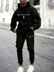 Two-Piece Men's Christian Faith Sweatshirt Set, Men's Fleece Hoodie With Matching Sweatpants, Suitable For Church Events And Casual Wear, Long-Sleeved Pullover, Autumn And Spring Season Hoodie With Drawstring And Kangaroo Pocket, Jesus-Themed Print, Men's Christian Clothing - 黑色+黑色 - 查看 2