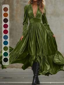 女士复古长连衣裙，宽松喇叭裙摆，优雅深V领设计，纯色长袖，适合派对和活动穿着。 - 綠色 - 查看 1