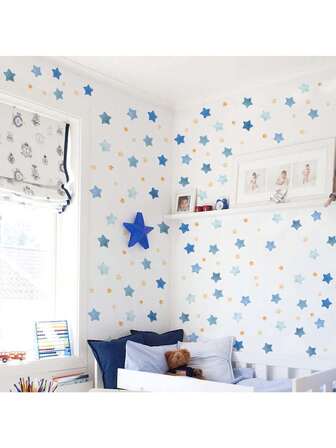 Väggklistermärken med blå och gula stjärnhimmeltema, tecknade konstellationer, självhäftande, lämpliga för sovrumsdekoration, vardagsrumsdekoration, väggdekoration, heminredning. Ett nyckfullt stjärnhimmeltema, avtagbar kreativ väggklistermärke.