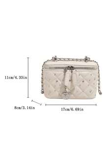 1pc BEIKAMU Unique Design Rhombus Pattern Handbag Box Type Bag, Fashionable Lipstick & Coin Purse, Elegant Chain Shoulder Crossbody Bag (Comes With Cherry Pendant) - White - View 3