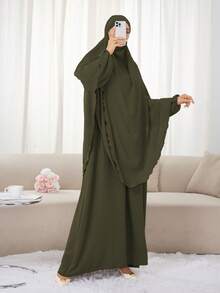 2pcs Set (Khimar + Abaya) Solid Color Muslim Prayer Outfit, Convenient Zipper Long Robe Abaya With Matching Hijab Headscarf, Casual Outdoor Essential Fashion Prayer Jilbab, Women's Abaya Robe, Abayas For Muslim Women - Multicolor - View 3