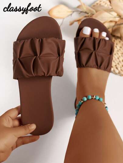 Wide Fit Women's Fashion Square Toe Pleated Flat Sandals, Summer Holiday Style PU Brown Slide Sandals