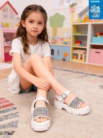 1 Pair Girls' White Leather + Colorful Crystal Inlay + Wide Strap Design + Metal Buckle + Thick Non-Slip Open Toe High-Top Shiny Fashion Sandals, Suitable For Summer Party, Daily Wear, 2-6 Years Old