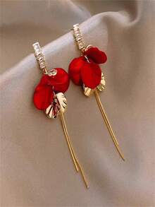 1 Pair European And American Classic Versatile Fashion Metal Red Petal Micro-Inlaid Zirconia Earrings, Stylish New Year Elegant Tassel Flower Earrings For Women - Multicolor - View 7