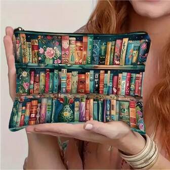 Chic Book Lover'S Makeup Bag - Stylish Double-Sided Printed Design With Books & Floral Patterns - Durable, Spacious Zippered Travel Pouch - Perfect Gift For Women, Readers, Students, Teachers - Ideal For Birthdays, Christmas, Graduation, Book Decor