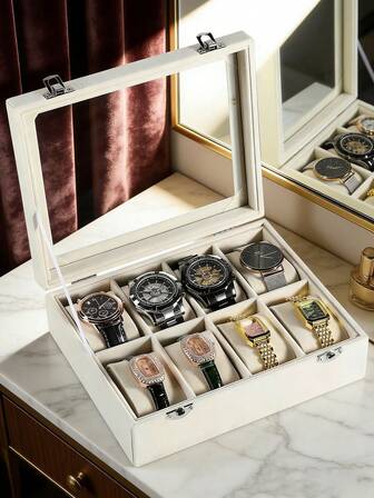 8/4-fack klocklåda med glaslock, sammetsboett med glaslock, förvaringslåda för unisex klockor, låsbar klockdisplay, perfekt present till familj och vänner