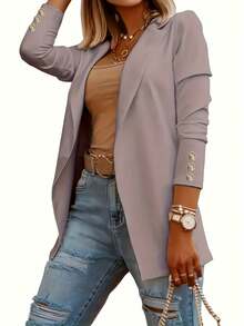 Longline Button-Cuff Blazer - Versatile Solid Hue Office & Casual Jacket Chic Tailored Blazer With Decorative Cuff Buttons - Relaxed Longline Fit Modern Solid Color Blazer,Solid Color Blazer,Long Sleeve Button Cuff Blazer,Oversized Casual Blazer,Yellow/Blue/White Solid Blazer,Single-Breasted Button Cuff Blazer, Chic Plain Blazer For Women,,Y2k Solid Color Blazer,Relaxed Fit Blazer,Versatile Solid Blazer Jacket - 灰色 - 查看 4