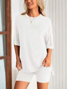 PRETTYGARDEN Women's Summer Clothes 2 Piece Sets Lounge Set Casual Oversized Shirts Biker Shorts Matching Airport Travel Sweatsuit Set Women Vacation Outfit White Summer Brunch Outfits For Women - 白色 - 查看 6