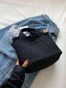 时尚休闲帆布宽肩带斜挎包 - 黑色 - 查看 4