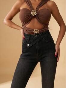 SQUALO Women's Blue Washed, Ripped, And Distressed Effect Jeans Street Style - Black - View 6