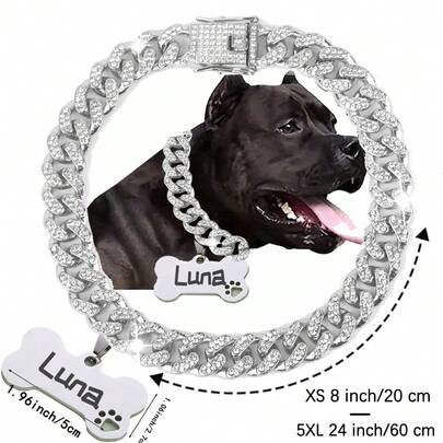 1 pieza Collar de eslabón cubano de lujo personalizado con rhinestones para perros, collar de mascota de 1.3cm de ancho de estilo hip hop, adecuado para perros pequeños/medianos/grandes, accesorios y regalos para mascotas, se puede grabar el nombre de la mascota, número de teléfono, ornamento anti-pérdida, con estilo grabado, de moda, colorido, vintage, lindo, contratado, lindo personalizado, único, personalizado, para aniversarios, para cumpleaños, suministros para mascotas, accesorios de Halloween 2025, colgantes de identificación personalizados para gatos, perros, cachorros, diseño juguetón para mascotas