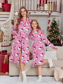 Sanrio Girls   Plush Warm Sleepwear, Casual Loose 2 Pieces Set, Suitable For Spring, Autumn And Winter