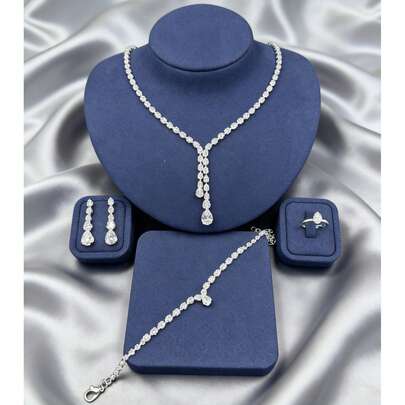 طقم مجوهرات فاخر وبسيط للنساء، قلادة قطرة الماس مكعب زركونيا + أقراط + سوار + خاتم، مناسب للارتداء اليومي والفساتين المسائية