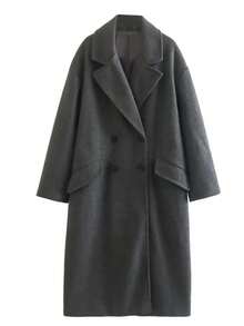 Plus Size Women's Elegant Solid Color Long Sleeve Pocket Woolen Trench Coat, Double-Breasted Wool Overcoat, Christmas Women's Clothing, Elegant Women's Blouses