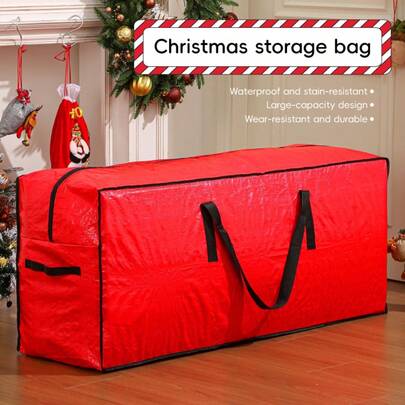 Large Capacity Vintage Farmhouse Style Storage Bag, Holiday Decor Storage Bag, New Year Decoration Storage, New Year Gift, Red Durable Fabric, Convenient Handle, Suitable For Indoor Closet, Garage, Basement And Other Storage Scenarios