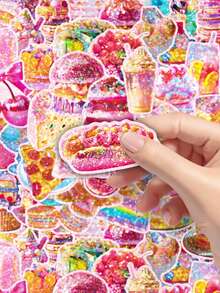 50pcs High-Quality Afternoon Tea & Dessert Holographic Stickers, Cute Food Decoration Stationery Scrapbooking Supplies - Multicolor - View 7