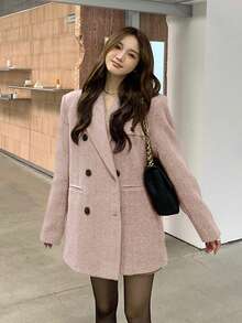 Y6Y 2025新款复古人字纹双排扣羊毛夹克，宽松休闲优雅女士西装外套，秋季款 - 粉色 - 查看 4