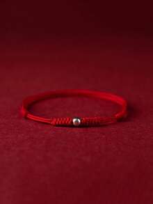 1pc S925 Sterling Silver Plated Platinum Lucky Bead Red Rope Braided Bracelet, Suitable For Girls Everyday Wear, Casual, Travel, Hypoallergenic, Comes With Elegant Gift Box, Ideal For Gifts, Holidays, Birthdays, Anniversaries