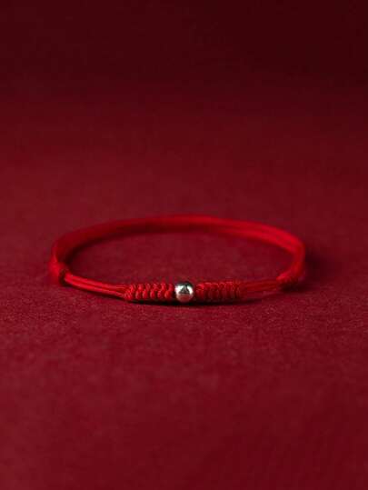 1pc S925 Sterling Silver Plated Platinum Lucky Bead Red Rope Braided Bracelet, Suitable For Girls Everyday Wear, Casual, Travel, Hypoallergenic, Comes With Elegant Gift Box, Ideal For Gifts, Holidays, Birthdays, Anniversaries