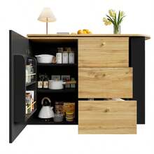 Extendable Bar Table With Storage (138-204*39*104cm), 360° Rotating Dining Bar, Modern Movable Bar Table, High Table Kitchen Island Bistro Table, Sideboard With Wood Grain - 黑色 - 查看 6