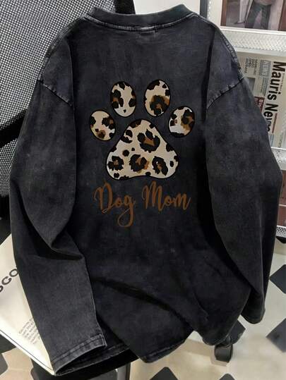 女士纯棉长袖豹纹爪印T恤，圆领，常规长度，可爱上衣，舒适修身，适合日常休闲穿着