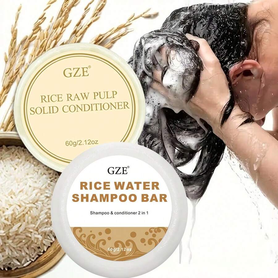 GZE 2 Packs Rice Water Shampoo Bar Soap & Conditioner Hair Care Set For Strengthening, Helps Dry Hair Moisturizing, Handcrafted With Longsheng Rice Water - Brown - View 1
