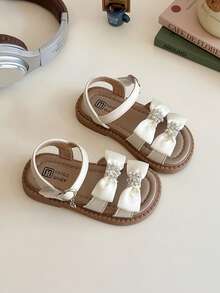 1双可爱幼儿双珍珠花朵魔术贴休闲时尚百搭软底平底凉鞋，夏季 - 米色 - 查看 5
